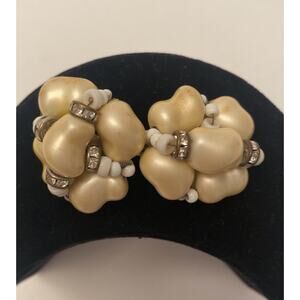 Vintage MARCELLA Clip On Earrings Pearl Rhinestones Beads Signed Silver Tone